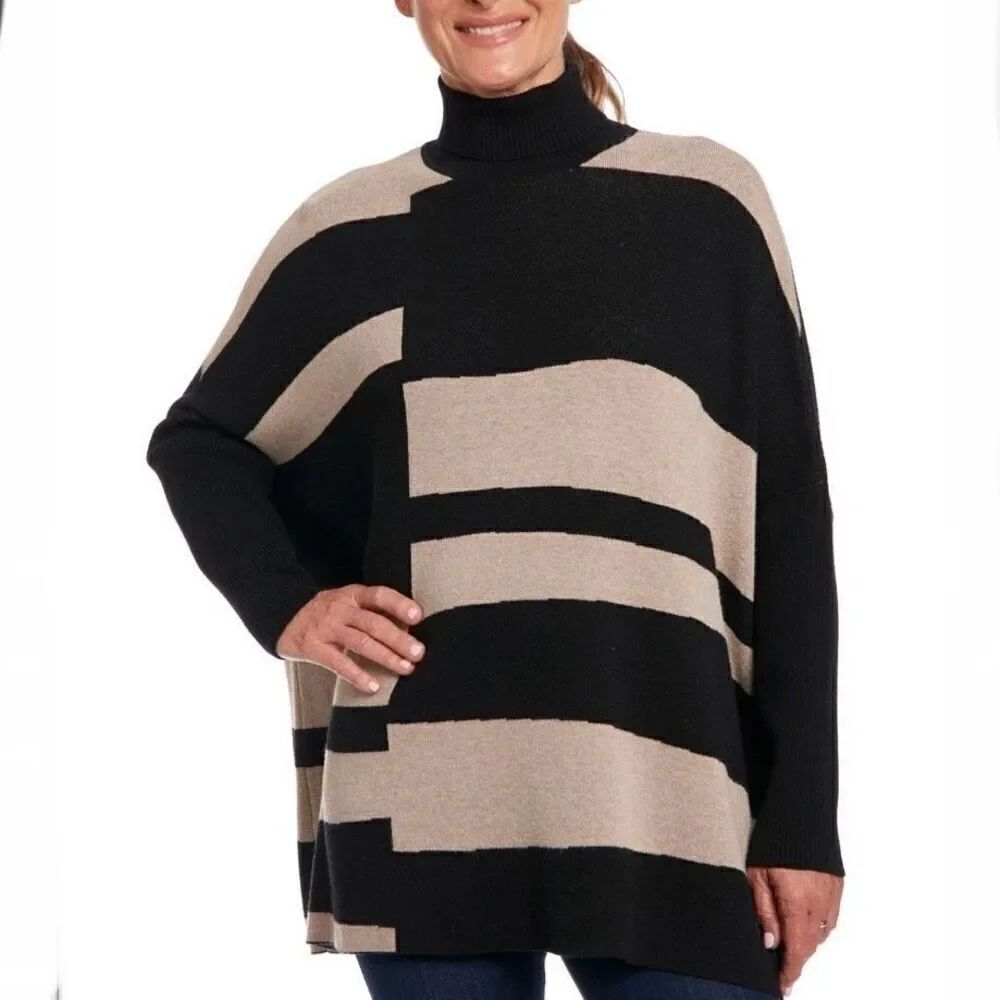 NWT Joseph A. 2X Tan & Black split stripe long sleeve turtleneck poncho sweater